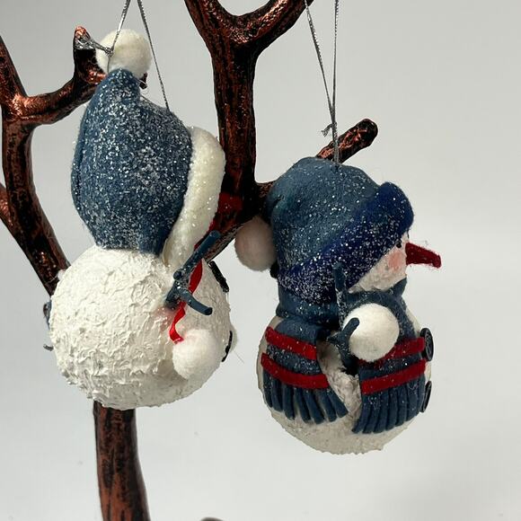 Rustic Christmas Snowman Ornaments Pair Blue White Tree Holiday Cabincore Skate - Picture 4 of 7